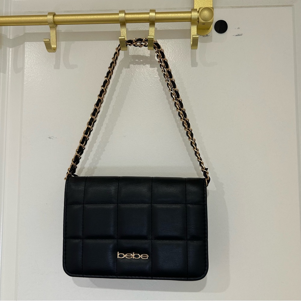 Bebe Black Quilted Crossbody Bag with Gold Chain